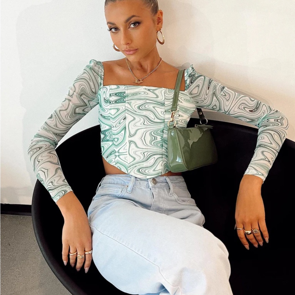 Princess Polly BEVERLY LONG SLEEVE TOP GREEN / WHITE